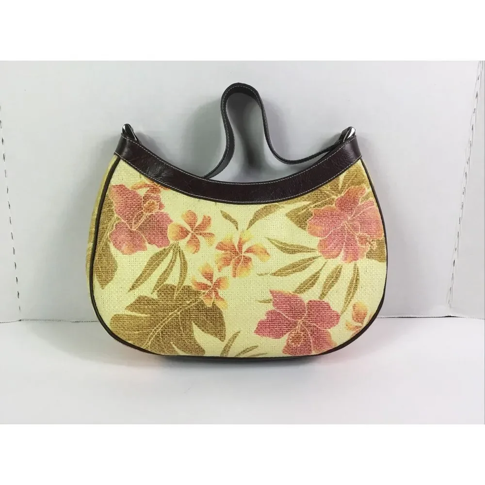 Franco Sarto Handbag Pocketbook zips woven Yellow Floral Womens brown trim Purse